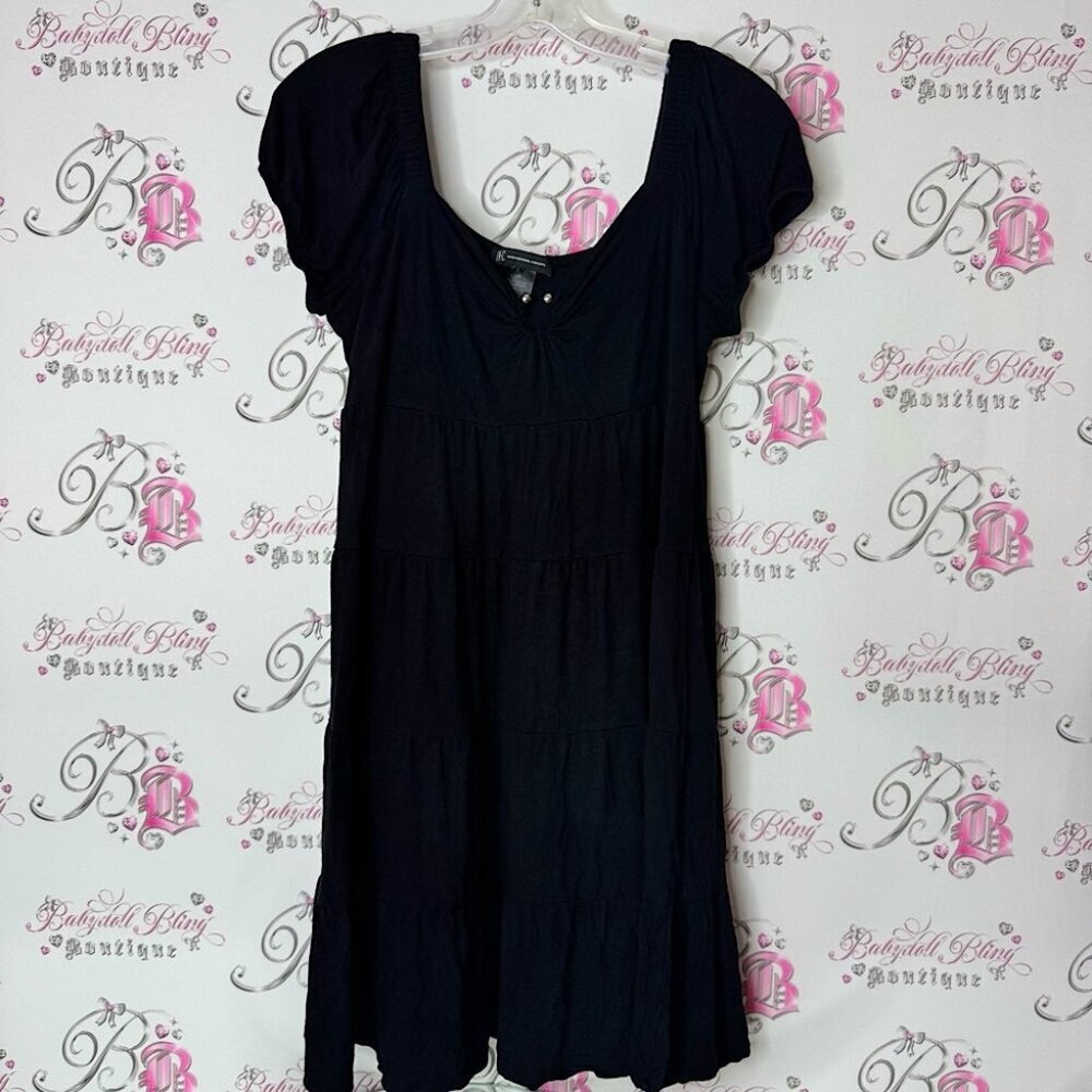 INC dress ruffle frill tiered milkmaid silver detail metal Elegant Black Dress